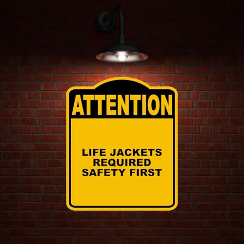 LIFE JACKETS REQUIRED SAFETY FIRST Attention Yellow Black Aluminum Composite Sign 20 x 24 inches