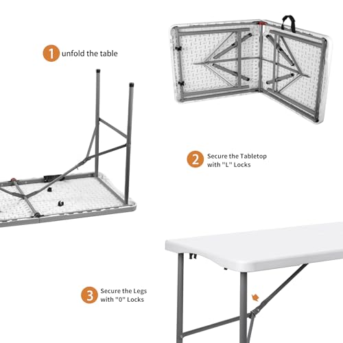 WGCTEK 4 ft Plastic Folding Table with Carrying Handle, Straight Legs for Camping, Wedding, Kitchen, Beach - White