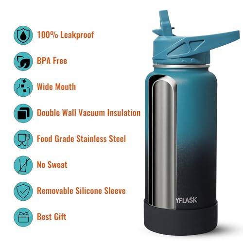 RUBYFLASK 32oz Insulated Water Bottle with Straw, Stainless Steel Metal Vacuum Water Flask, Large Thermal Water bottle wit...