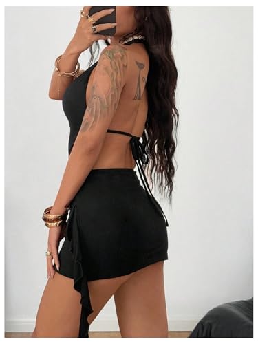 SOLY HUX Women's Open Back Halter Mini Dress Y2k Deep V Neck Sleeveless Backless Ruffle Bodycon Sexy Dresses