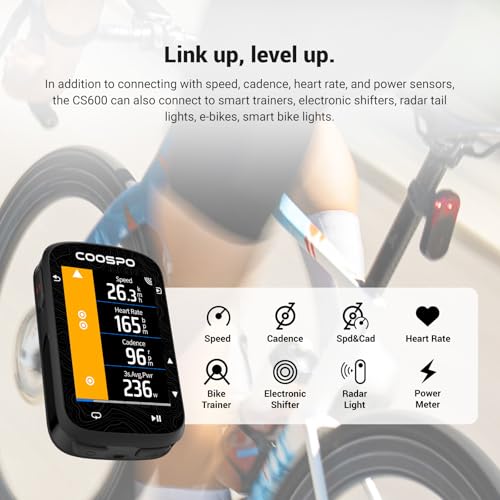 COOSPO Color Touchscreen GPS Bike Computer CS600, Wireless IPX7 Waterproof Cycling GPS Speedometer with Bluetooth/ANT+, Ba...