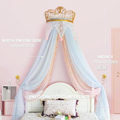LIANGQIANJIN Bed Canopy for Girls, Princess Bed Canopy with Lights & Elegant Metal Crown, Enhances The Charm of Your Chil...