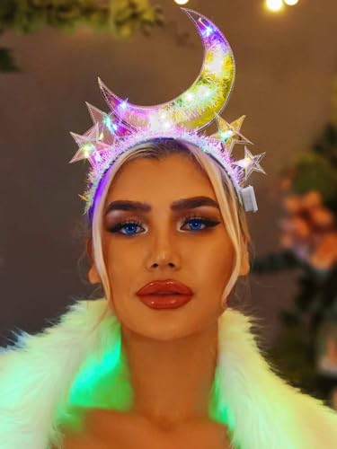 DRESBE Light Up Star Moon Headband New Year LED Headbands NYE Glow Party Hair Accessories for Women (Colorful Light)