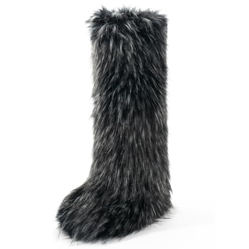 IXU Women's Faux Fur Boot Furry Fluffy Round Toe Suede Winter Comfy Plush Warm Short Outdoor Indoor Flat Shoes Knee-High B...