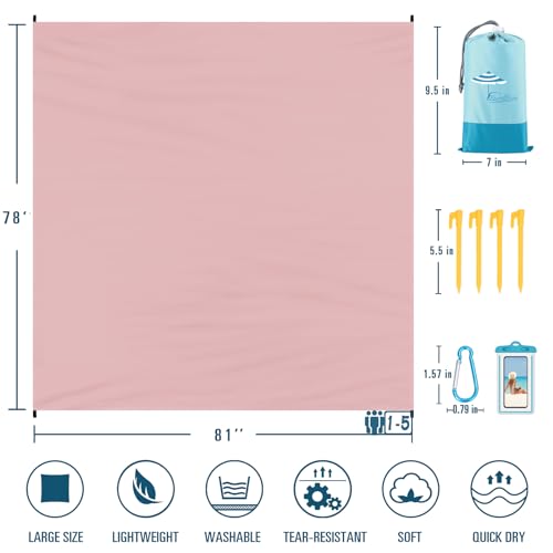Famstar Beach Blanket Sandproof Waterproof 78''×81''1-5 Adults Oversized,Compact Lightweight Durable Beach Mat for Travel ...