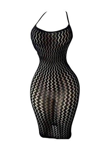 OYOANGLE Women's Fishnet Halter Bodycon Lingerie Dress Hollow Out See Through Sleeveless Chemise