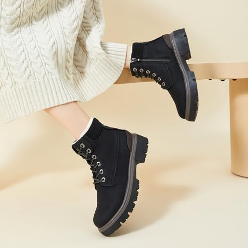 FINIWOR Ankle Boots for Women Hiking Boot Women Combat Boots Lace Up Womens Snow Boots Waterproof Fur Winter Boots Black B...