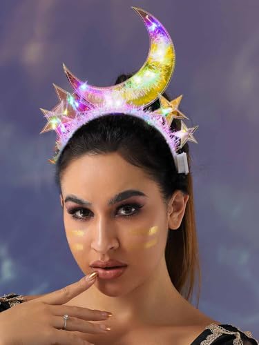 DRESBE Light Up Star Moon Headband New Year LED Headbands NYE Glow Party Hair Accessories for Women (Colorful Light)