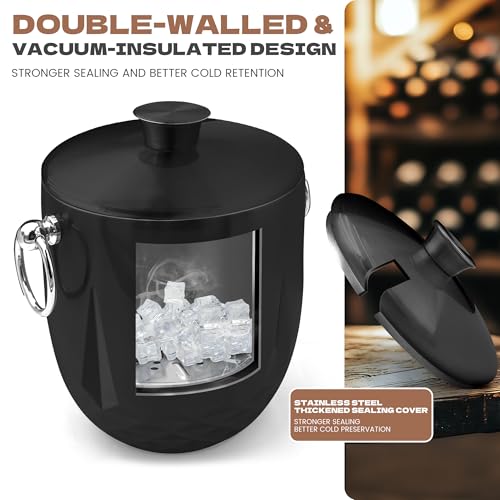 3L Ice Buckets for Parties and Cocktail Bar with Stainless Steel Lid,Tongs & Strainer(Black) Double-Wall Insulated Metal I...