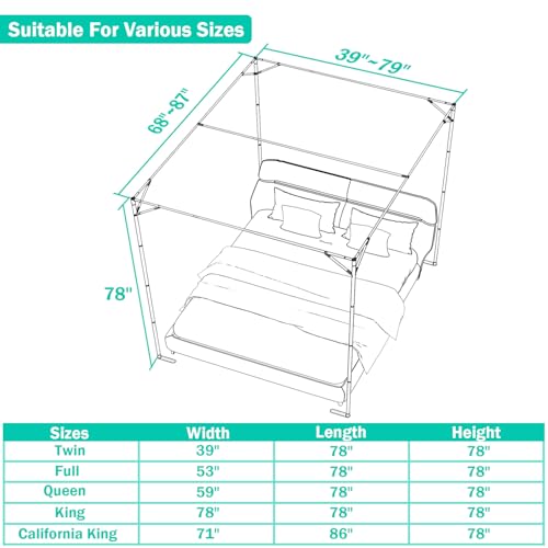 NKM Stainless Steel Adjustable Canopy Bed Frame, Suitable for Twin,Full,Queen and King Size, Thicken Bed Frame Bracket for...