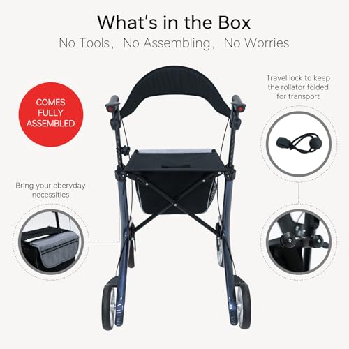 Carbon Fiber Ultralight Rollator Walker for Seniors with Seat & Brakes, Foldable ，7-Level Height ，8" Wheels, 11.5lbs Light...