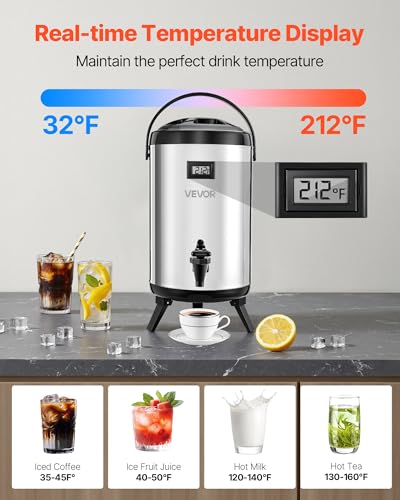 VEVOR Insulated Beverage Dispenser, 2 Gal/7.6L Stainless Steel Thermal Drink Server with Spigot & Temp Display, Suitable f...