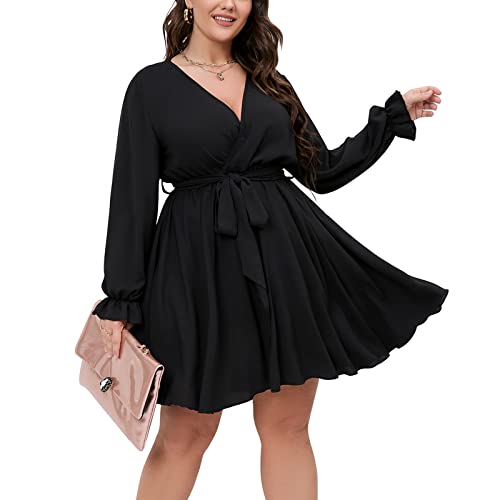 SCOMCHIC Women's Plus Size Long Sleeve Wrap V Neck Tie Waist A Line Mini Dress