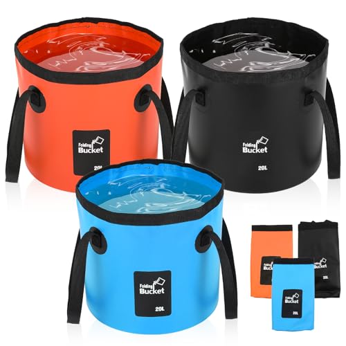 Afcabakila 3 PCS 5 Gallon Collapsible Water Bucket, 20L Foldable PVC Bucket with Handles, Multiple Use Portable Fold up Li...