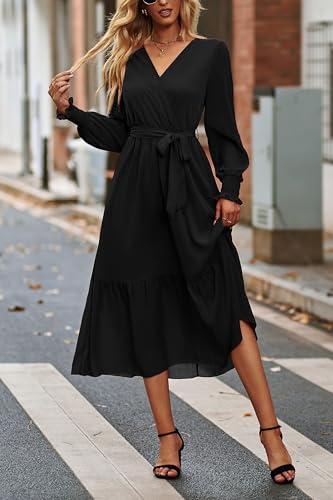 PRETTYGARDEN Women's Floral Boho Dress Fall Long Sleeve Wrap V Neck Ruffle Flowy Maxi Spring Wedding Guest Vacation Dresses