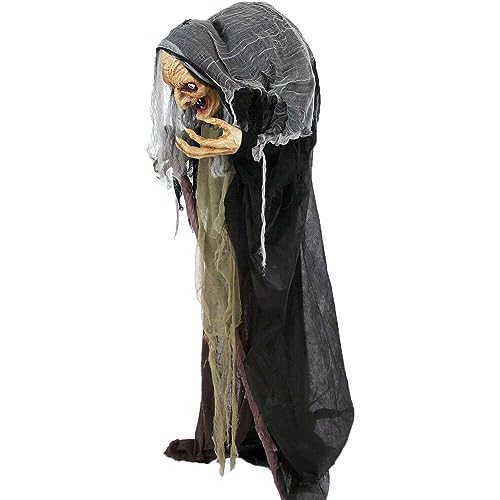 Haunted Hill Farm Life-Size Scary Poseable Talking Witch, Halloween Animatronic with Touch Activated Lights and Sound, Battery Operated Indoor or Covered Outdoor Halloween Decorations, Halloween Prop