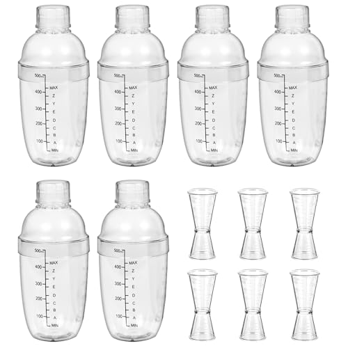 Voittozege 12 Pcs Plastic Cocktail Shaker Set, 6 Pcs 17 oz Cocktail Shaker and 6 Pcs Measuring Jigger Set Clear Wine Shake...