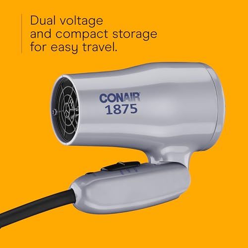 Conair Compact Hair Dryer with Folding Handle, 1875W Travel Blow Dryer with Diffuser and Concentrator Attachments, 2 Heat...