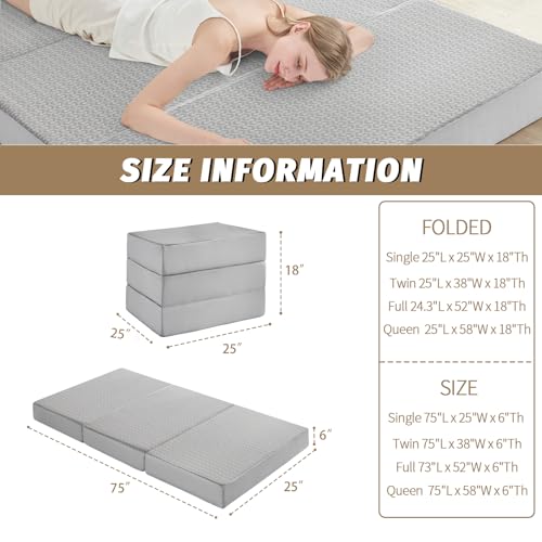 CYMULA Folding Mattress Single Size,6 inch Memory Foam Tri Portable Trifold Mattress Topper Single with Breathable & Washa...