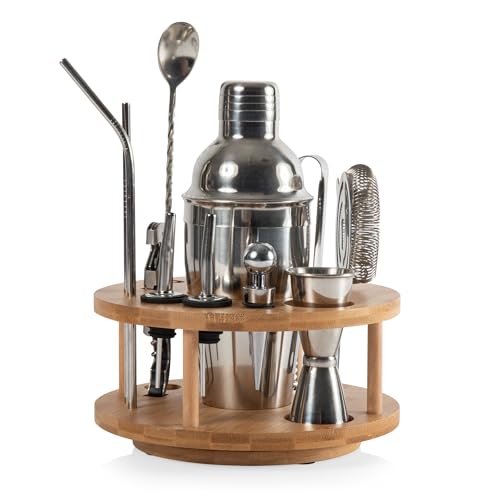 PICNIC TIME Lazy Susan Bar Tool Set, 12-piece Bartender Kit in Lazy Susan, Cocktail Set in Round Wooden Turntable, Mixolog...