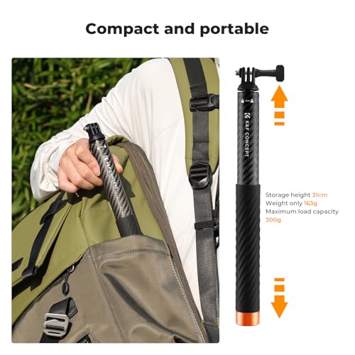 K&F Concept Invisible Selfie Stick, Extension Carbon Long Pole（127cm/50in） for Insta360 X5 Sports Camera GoPro DJI OSMO Po...