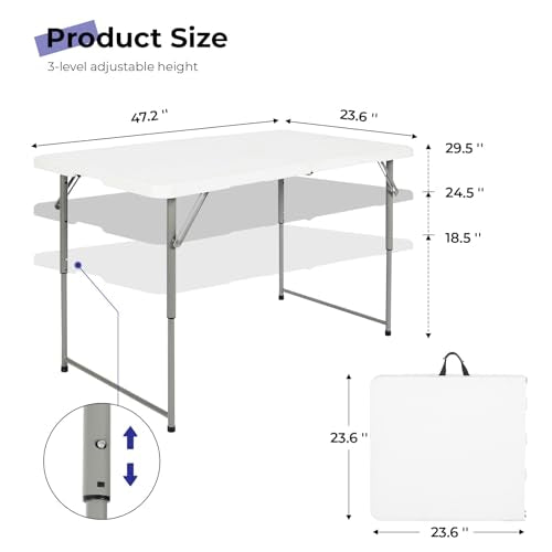 Byliable Folding Table 4 Foot Portable Heavy Duty Plastic Fold-in-Half Utility Table Small Indoor Outdoor Adjustable Heigh...