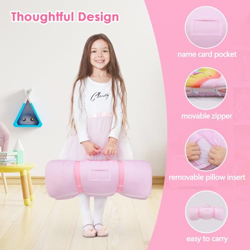Kids Sleeping Bag Toddler Nap Mat with Removable Pillow, Large Foldable Sleeping Bag for Girls Boys, Easy Clean Slumber Ba...