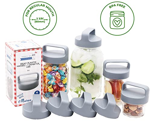 Gray Plastic Handle / Canister Lid by Mason Jar Lifestyle (4 Pack, Regular Mouth)