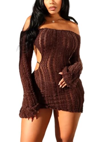 Sexy Off Shoulder Fuzzy Y2K Mini Dress for Women Strappy Backless Long Sleeve Party Club Birthday Dresses Date Night