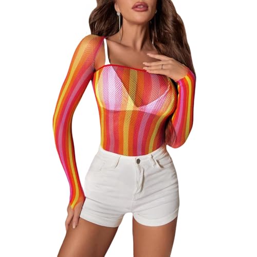 Women Rave Rainbow Mesh See Through Bikini Cover Ups Sexy Sleeveless Hollow Out Bodycon Midi Dress Festival Outfit