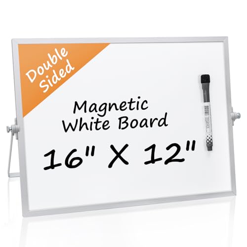 Dry Erase Magnetic White Board, 16" x 12",Double-Sided Desktop Whiteboard with Stand, Portable Magnetic Tabletop Erase Boa...
