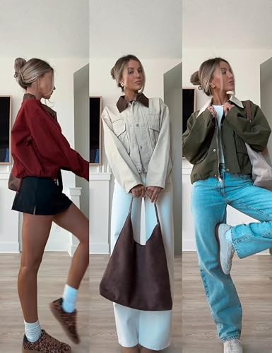 Megfie Womens Cropped Jacket Contrast Collar Utility Coat Cargo Jacket Barn Jacket Outwear with Pockets