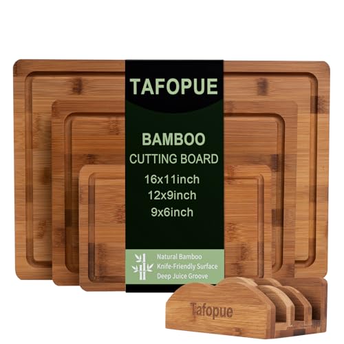 Tafopue Cutting Board Set with Holder, Space Saving Kitchen Bamboo Chopping Boards, Build in Juice Groove and Grip Handle,...