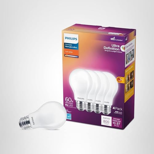 PHILIPS LED 60W A19 4-Pack Ultra Definition Soft White (2200K) 800 Lumen (8W=60W) Dimmable Flicker Free Light Bulbs
