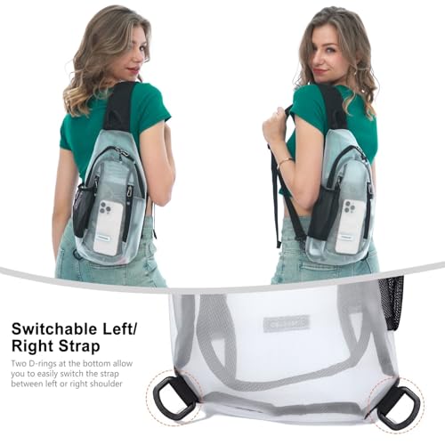 TITECOUGO Clear Sling Bag, Switchable Right or Left Strap, Transparent Mesh – Stadium Approved (Check Venue Policy)