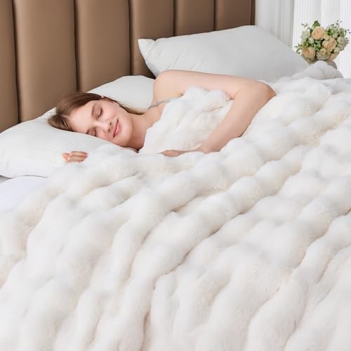 Faux Fur Throw Blanket for Couch, 1000 GSM Cozy Fuzzy Fluffy Soft Plush Thick Bubble Sherpa Blanket for Sofa Bedroom Livin...