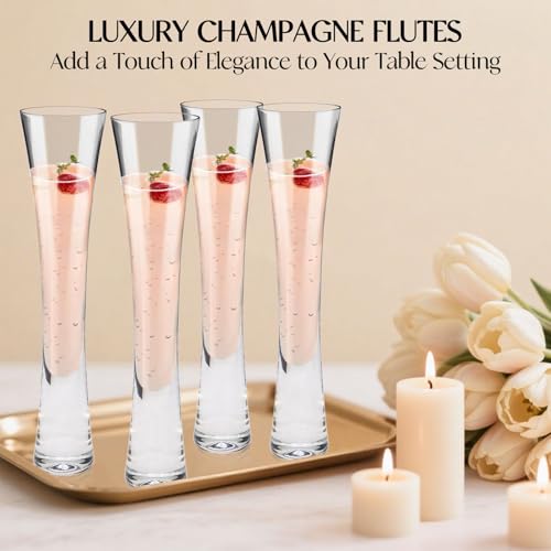 Yaschmo Champagne Flutes Set of 4, Hand Blown Crystal Champagne Glasses, Modern Unique Design, Lead-Free Prosecco Glasses,...