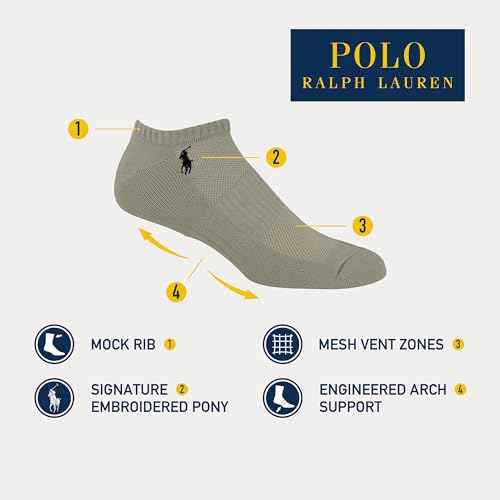 Polo Ralph Lauren Men's Tech Athletic Low Cut Sport Cushioned Arch Support Socks (3-Pack)