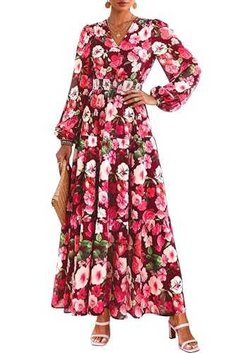 PRETTYGARDEN Long Sleeve Maxi Fall Dresses for Women 2026 Vneck Smocked Boho Floral Tiered Swing Flowy Wedding Guest Dress