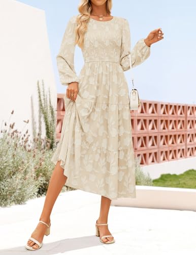 ZESICA Women's Fall Boho Floral Midi Dress 2026 Casual Long Sleeve Crewneck Flowy Wedding Guest Long Dresses