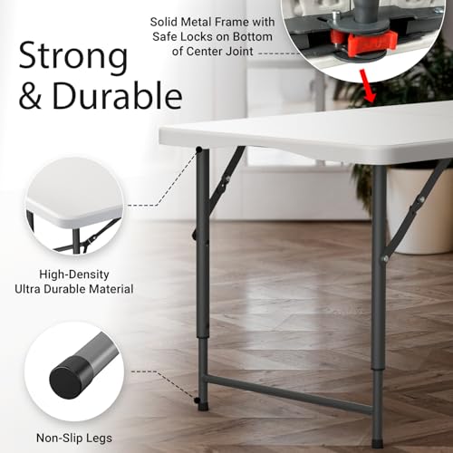 4 Feet Foldable Table Adjustable Height with Built in Handle, Steel Legs | 4FT Heavy Duty Portable | Perfect for Party Din...