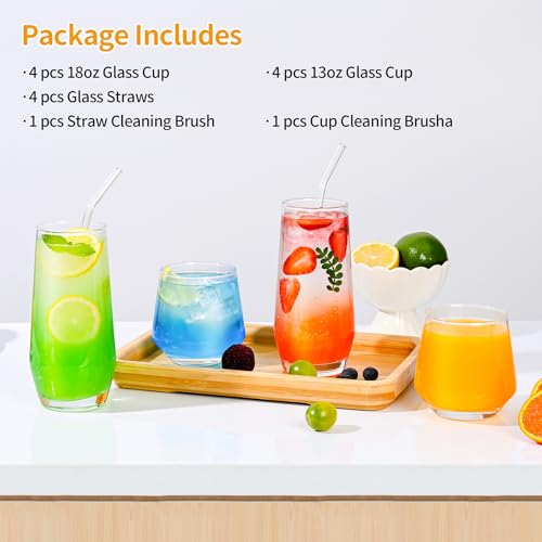 ZMOWIPDL Drinking Glasses Set of 8,Clear 13 oz & 18oz Crystal Glass Cups,Drinkware Glassware,Highball Water Tumbler,Short ...