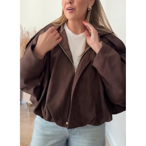 Csvinkiko Women's Faux Suede Bomber Jacket Oversized Pilot Coats Fall Lapel Zip Up Motorcycle Streetwear Outerwear