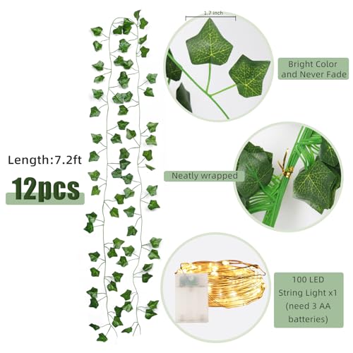RECUTMS Ivy Fake Vines for Room Decor 12 Pack 86 FT Artificial Plant with 100 LED String Light Bedroom Aesthetic Hanging G...