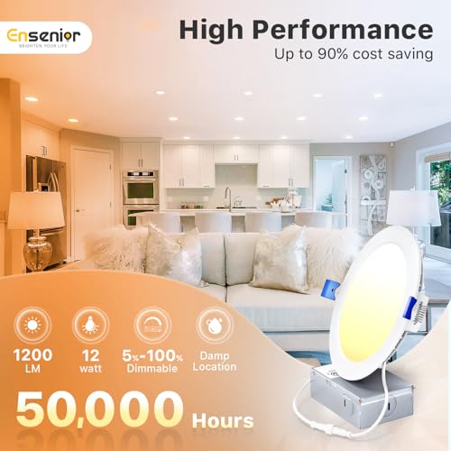 Ensenior 12 Pack 6 Inch LED Recessed Ceiling Light, Dimmable, 2700K-5000K 5CCT, 1200LM 12W 120V, High Brightness Canless W...