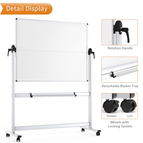 VIZ-PRO Double-Sided Mobile Whiteboard, 48 x 36 Inches, Magnetic Rolling Dry Erase White Board on Wheels with Aluminium Fr...