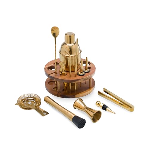 PICNIC TIME Carousel 13-Piece Bar Tool Set, Cocktail Shaker Set, Mixology Bartender Kit with Lazy Susan Stand, (Acacia Woo...