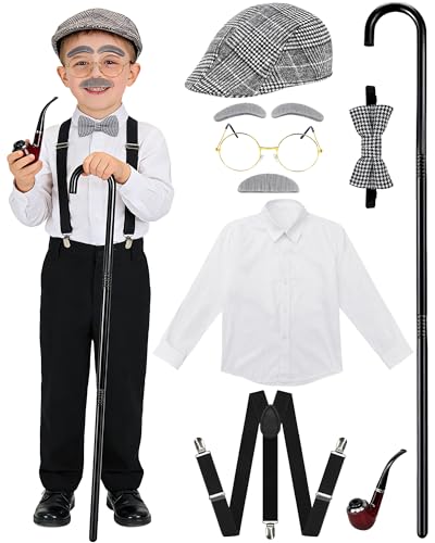 Vivrerizo Old Man Costume for Kids - 8 Pcs 100 Days of School Costume for Boys Grandpa Outfit Dress Up Cosplay