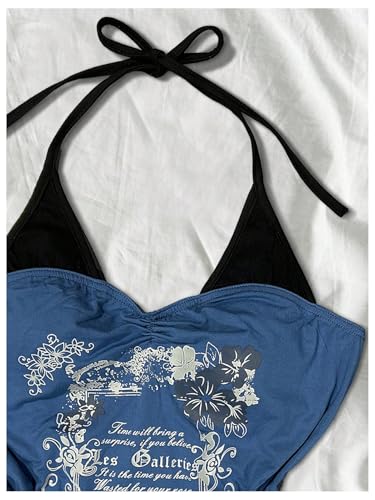 Verdusa Women's Y2K Colorblock Tie Back Halter Top Letter Print Backless Going Out Tops