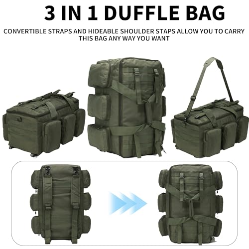 3 In 1 Military Duffel Bag 50L Gym Bag for Men Convertible Weekender Backpack for Sports Travel Basketball